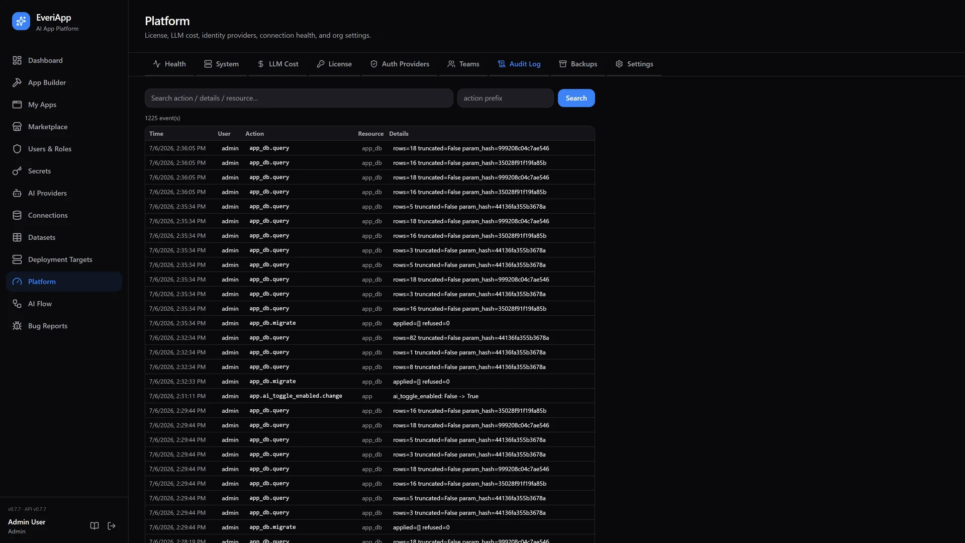 Platform audit log with 1,200+ recorded events, next to Auth Providers, Teams, and Backups admin tabs