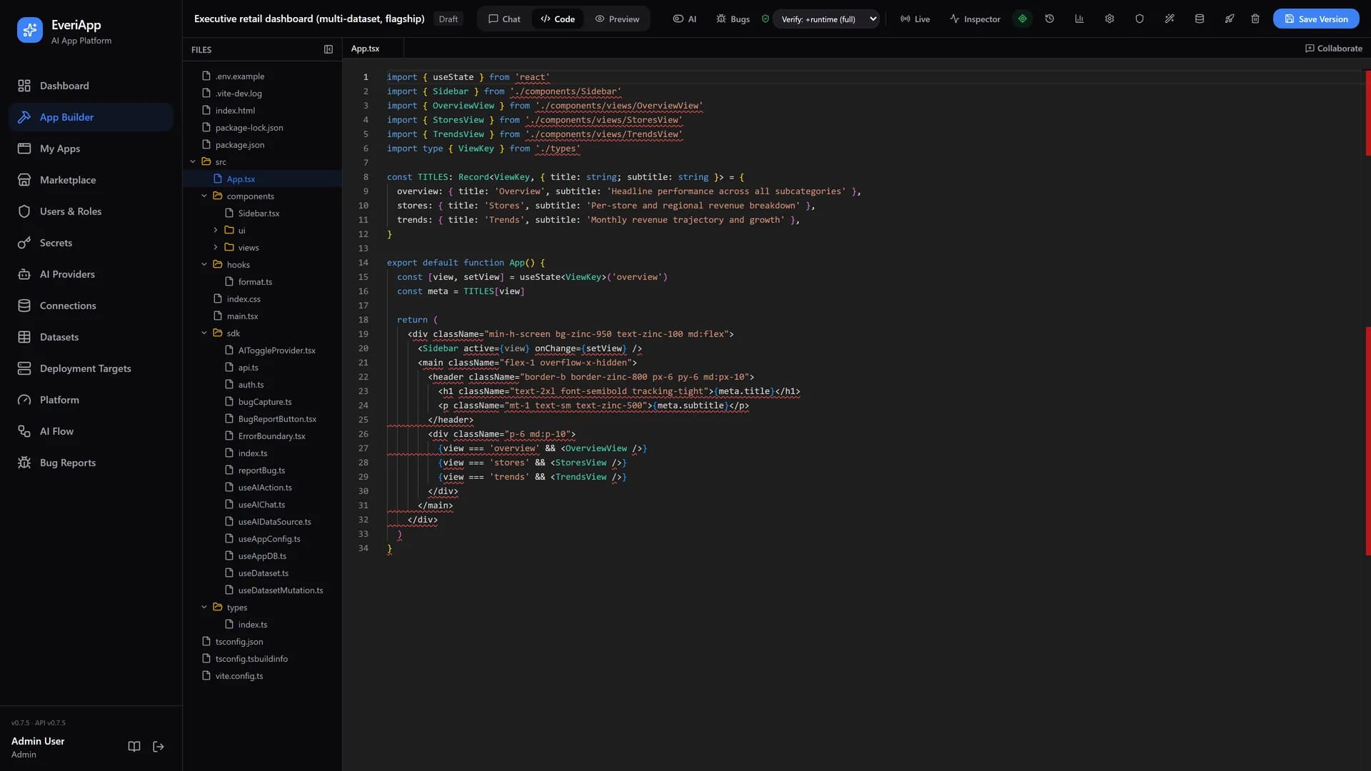 The EveriApp Builder code editor showing a generated TypeScript component, with the full project file tree beside it