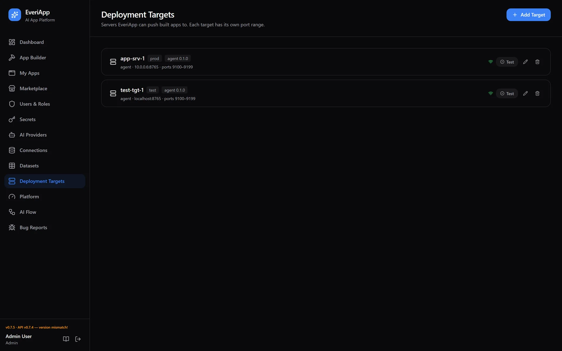 Deployment targets admin page